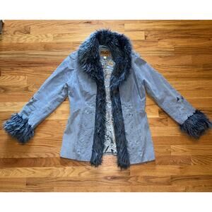 VTG Mudd Jeans Y2K Genuine Leather Faux Fur Trim Blue Embroidered Jacket Sz LG
